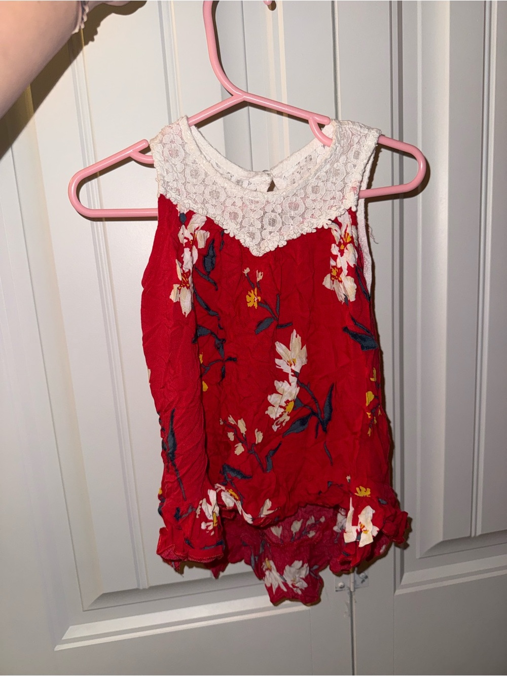 Chenault Girl White Lace Top with Red Floral Lining